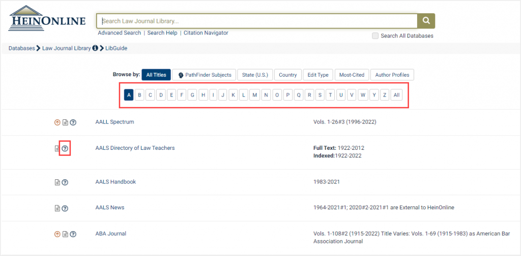 screenshot of Law ournal Library highlighting A to Z title index and More Information icon