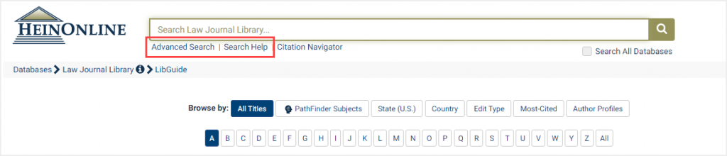 screenshot of main search bar highlighting Advanced Search and Search Help options