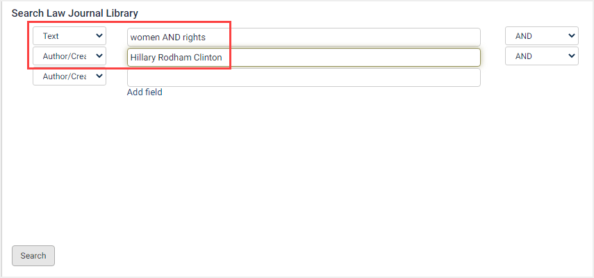 screenshot of Advanced Search in Law Journal Library
