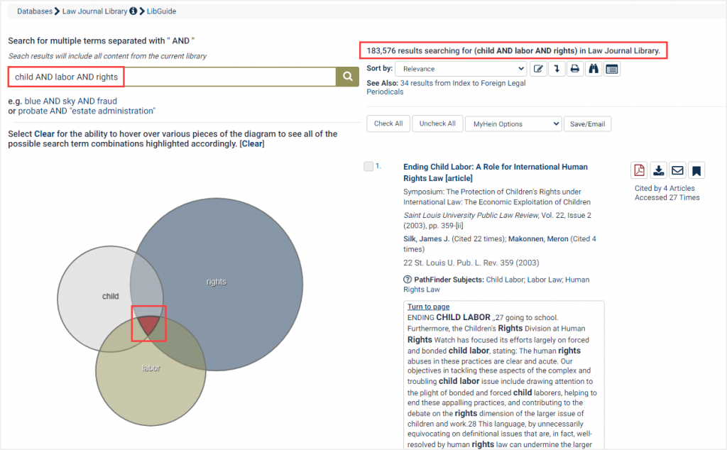 screenshot of venn diagram search results