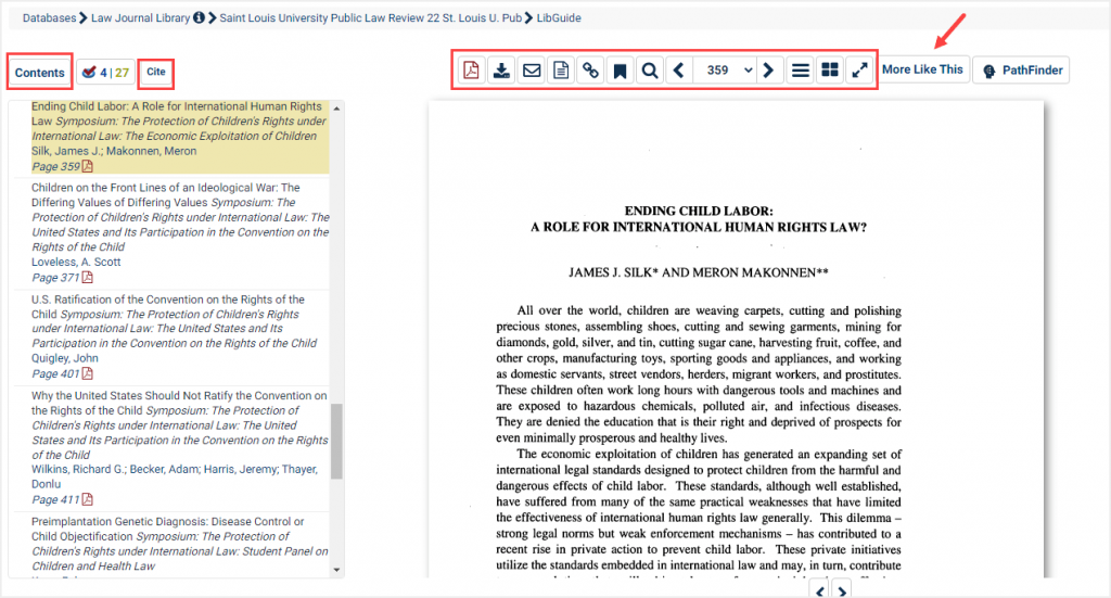 screenshot of document view in Law Journal Library highlighting More Like This and other options