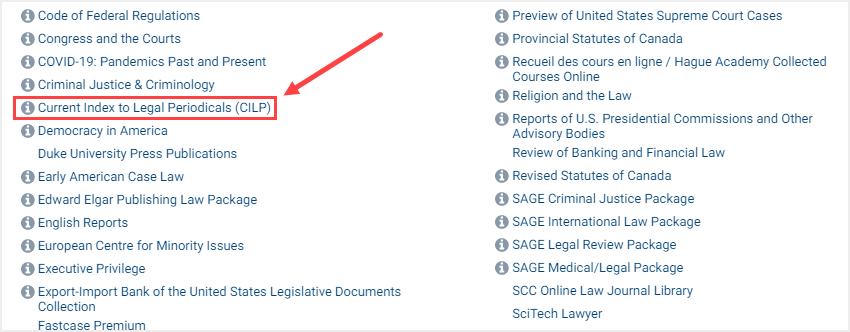 screenshot of Current Index to Legal Periodicals in list of subscribed databases