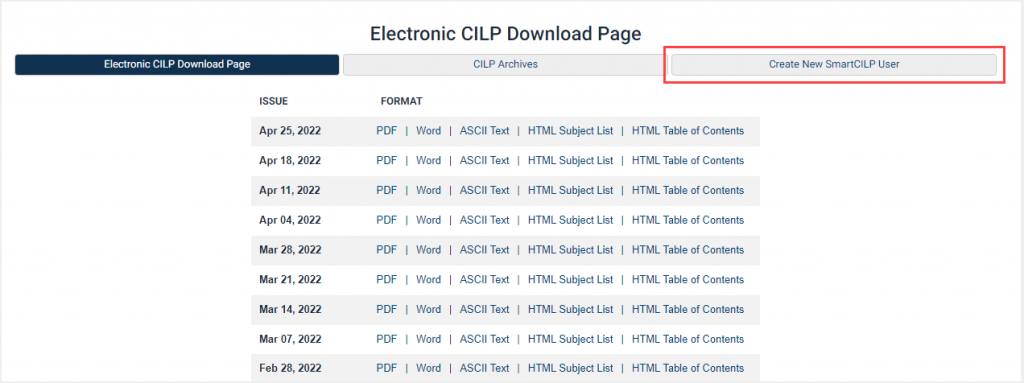 screenshot of Electronic CILP download page featuring Create New SmartCILP User button