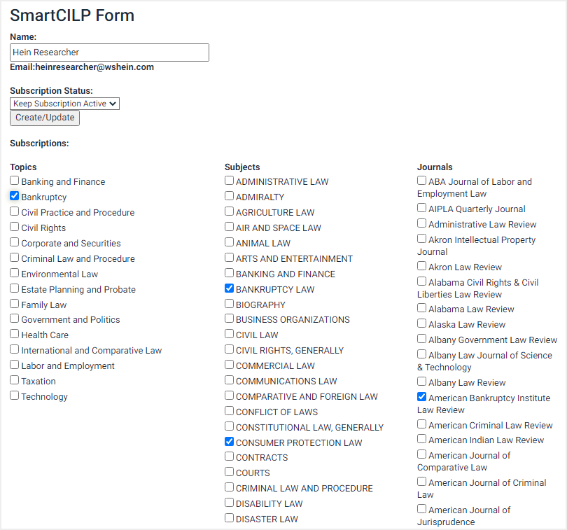 screenshot of SmartCILP form with list of Topics, Subjects, and Journals