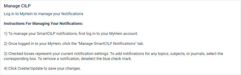 screenshot of Manage CILP notifications screen
