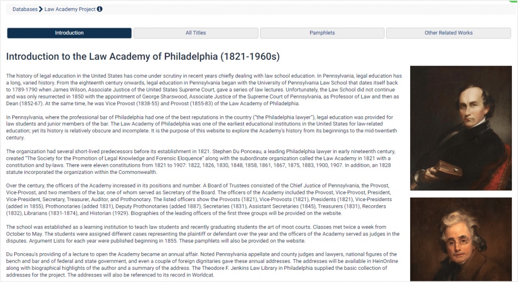 screenshot of Law Academy Project database homepage