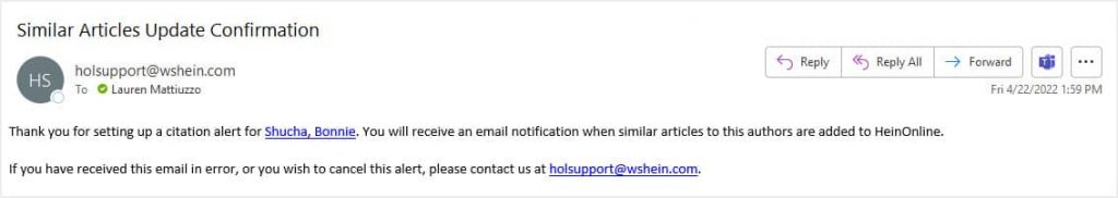 image of email confirmation from HeinOnline