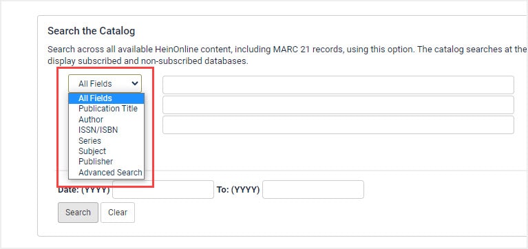 image of searching the catalog within HeinOnlne's advanced search