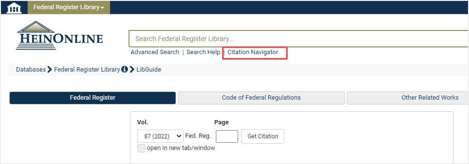 image of citation navigator in Federal Register Library