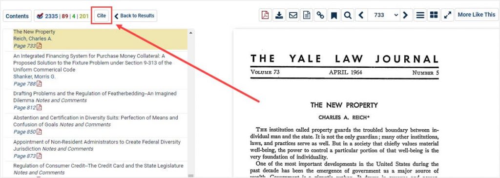 image of citation button in HeinOnline