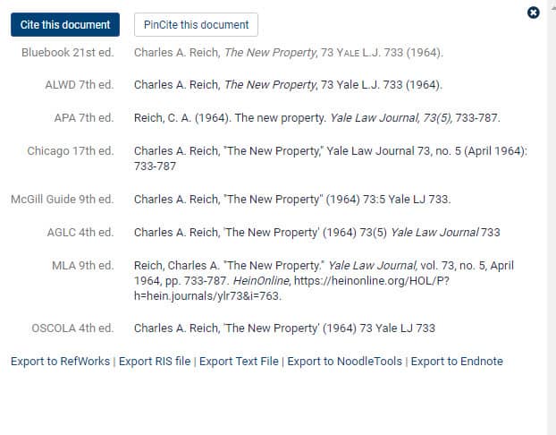 image of citation options in HeinOnline