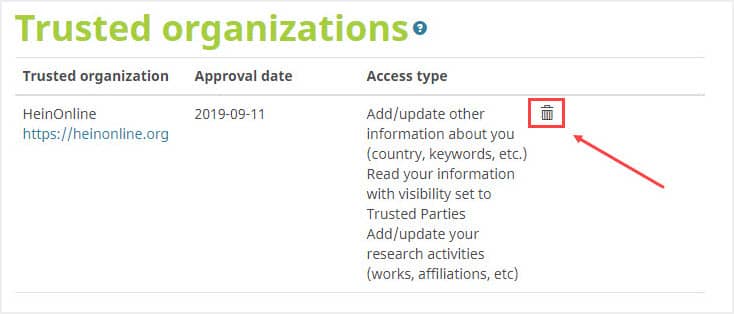 image of how to remove HeinOnline as a trusted organization