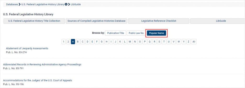 image of Browse by options in U.S. Federal legislative History Library