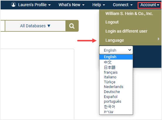 image of Language option in HeinOnline