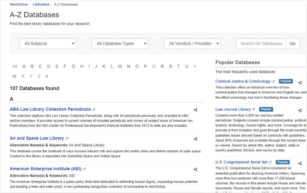 image of A-Z database listing for HeinOnline libguides