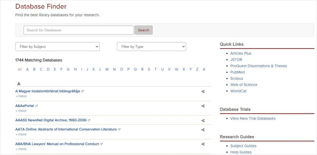 image of database finder on library website