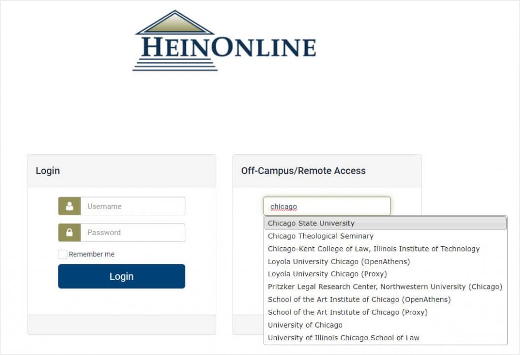 image of Off-Campus/Remote Access box on HeinOnline login page