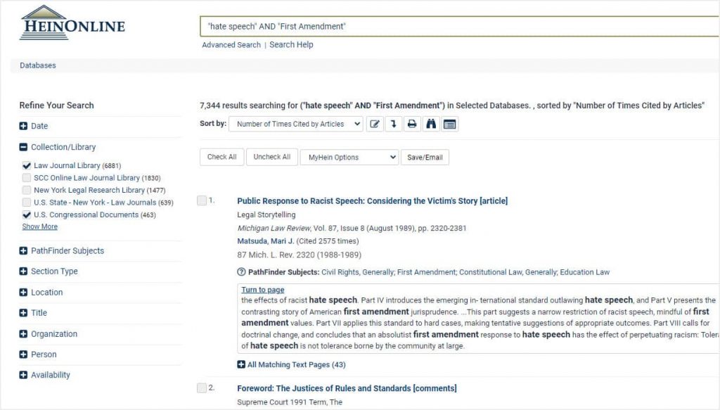image of search results in HeinOnline