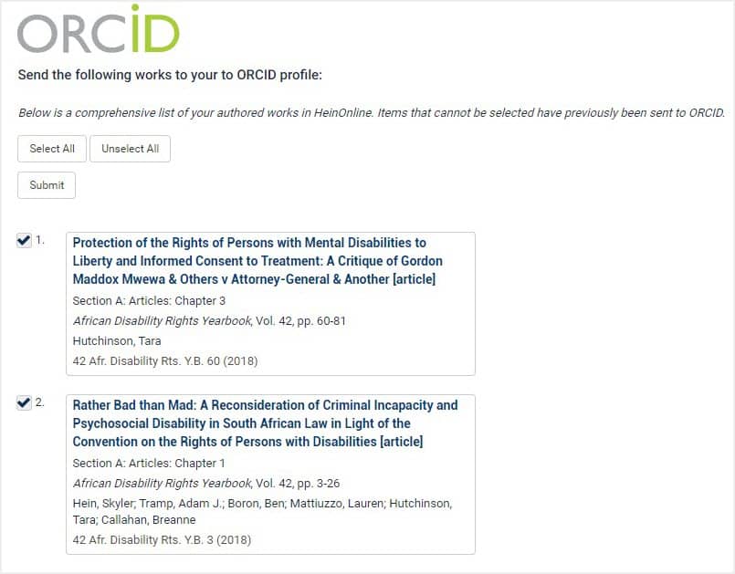 image of how to send HeinOnline works to ORCID