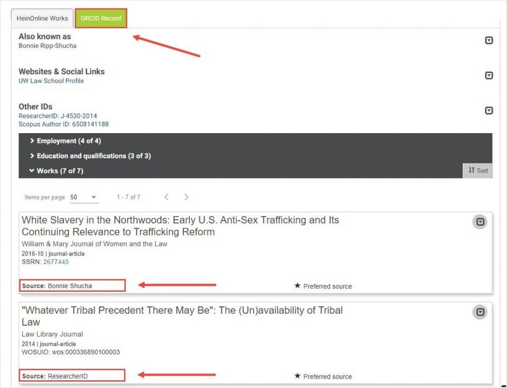 image of ORCID record tab in HeinOnline