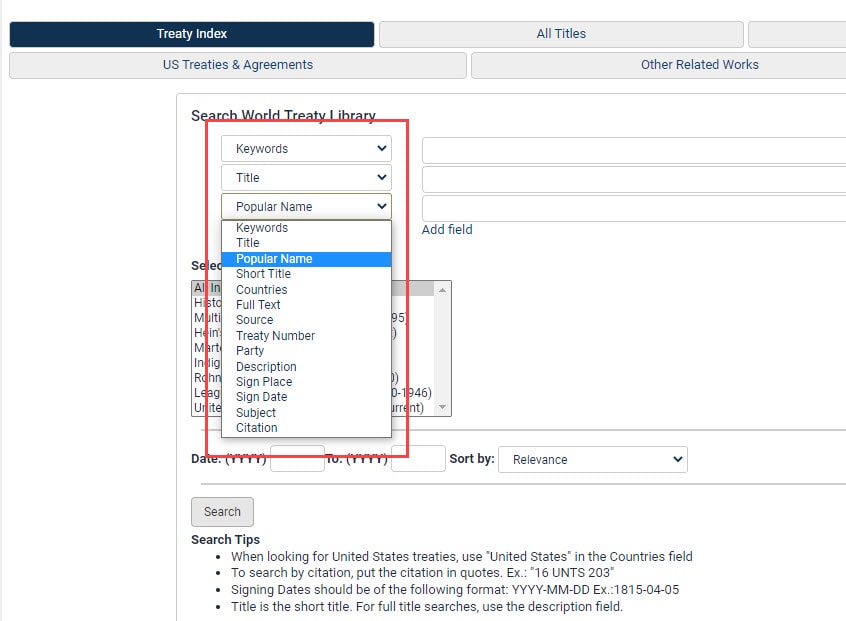 image of search tool in World Treaty Library