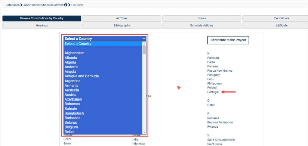 image of where to select a country within World Constitutions Illustrated database