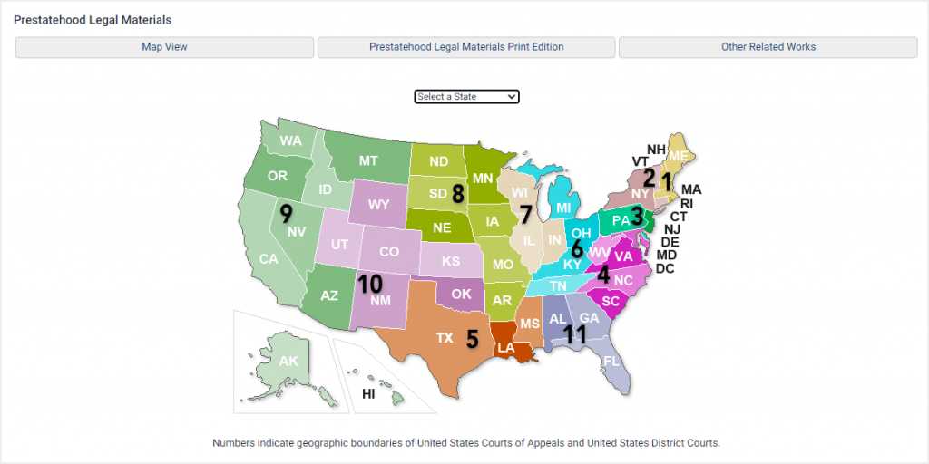 screenshot of Prestatehood Legal Materials database homepage