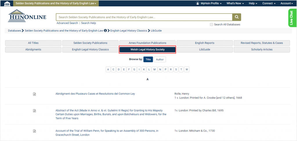 screenshot of Welsh Legal History Society subcollection in Selden Society Publications and the History of Early English Law database