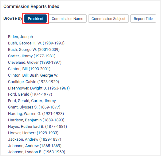 screenshot of President browse option in Commission Reports Index