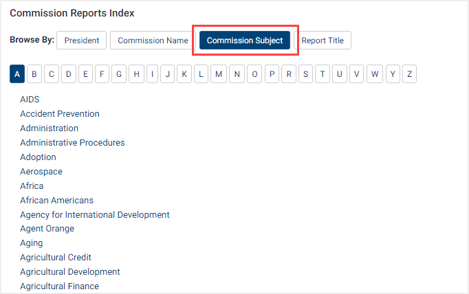 screenshot of Commission Subject browse option in Commission Reports Index