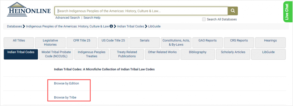 screenshot of Indian Tribal Codes subcollection with browse options highlighted
