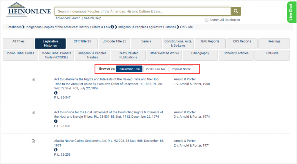 screenshot of Legislative Histories subcollection highlighting Browse By options