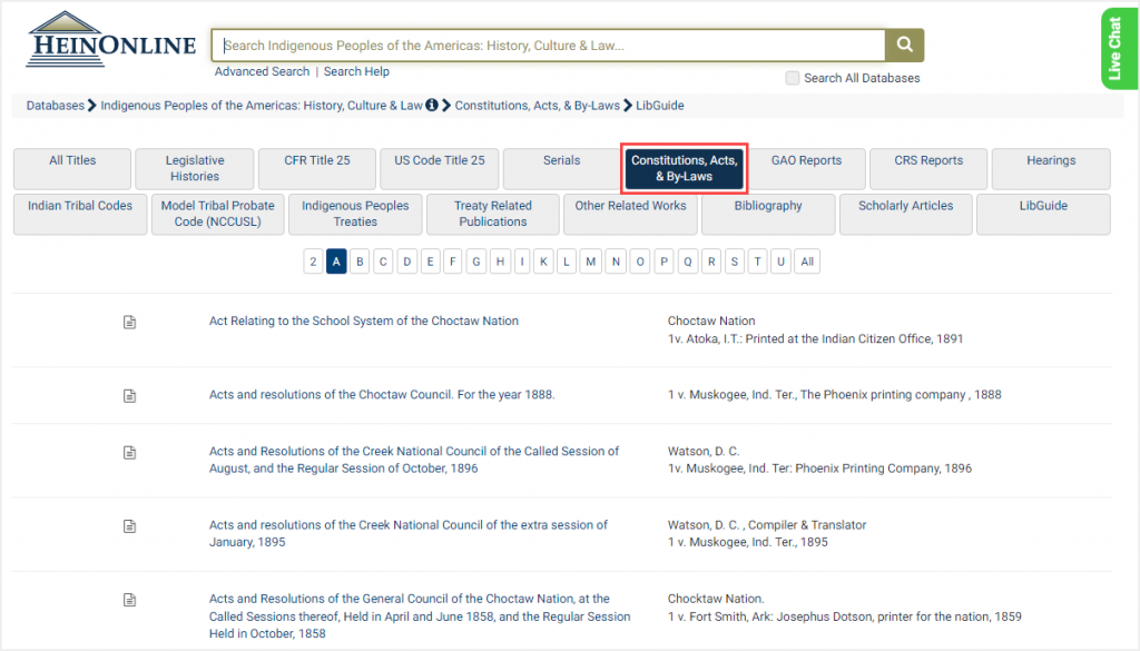 screenshot of Constitutions, Acts, & By-Laws subcollection