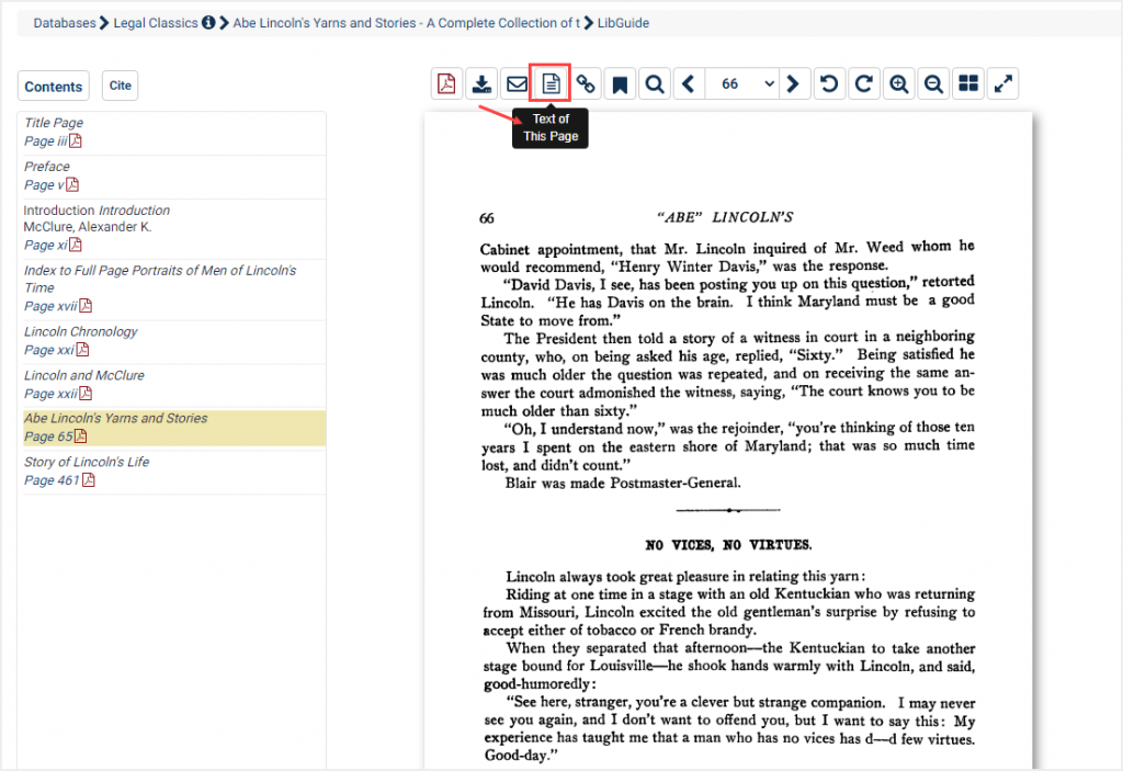 screenshot of PDF view of document highlighting Text of this Page button