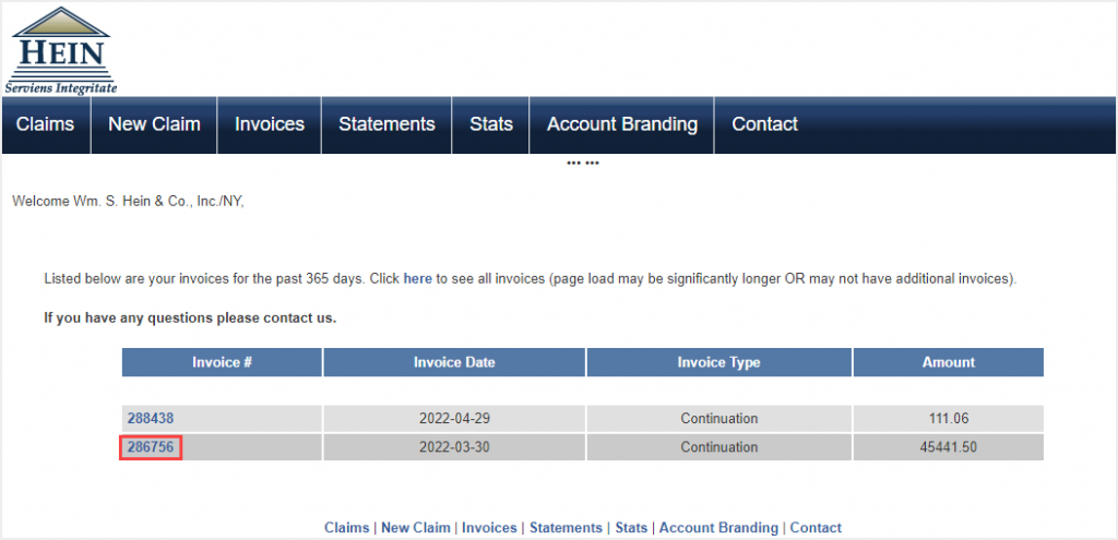 screenshot of invoice list in Customer Service Web Portal