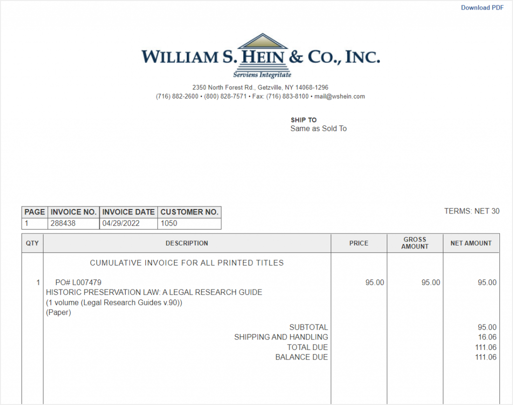 screenshot of invoice in Customer Service Web Portal