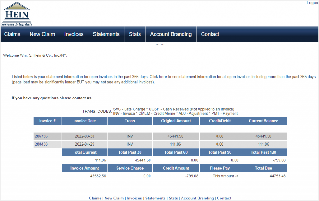 screenshot of statements in Customer Service Web Portal