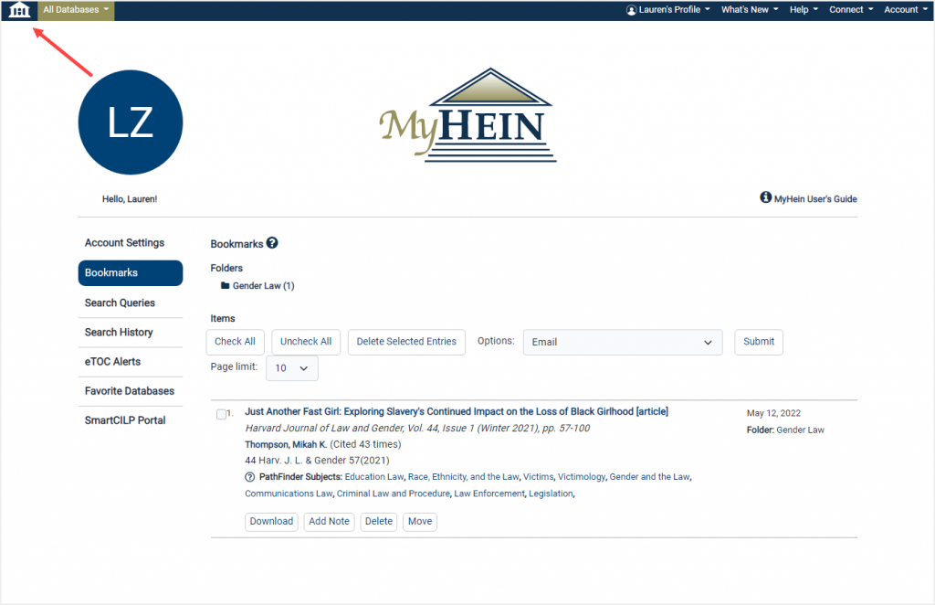 MyHein account highlighting Hein house in upper left corner