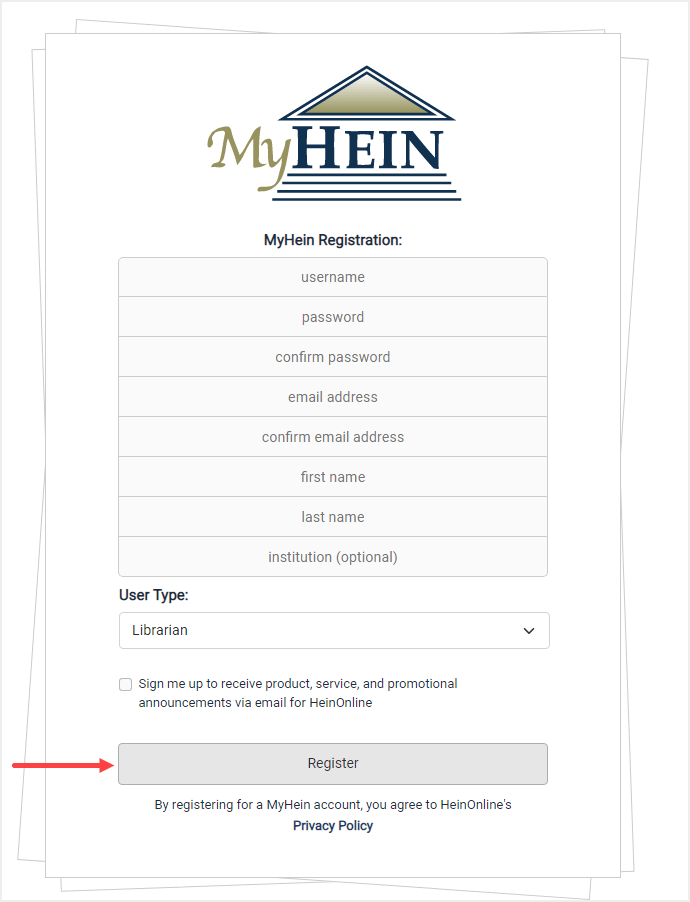 MyHein registration form