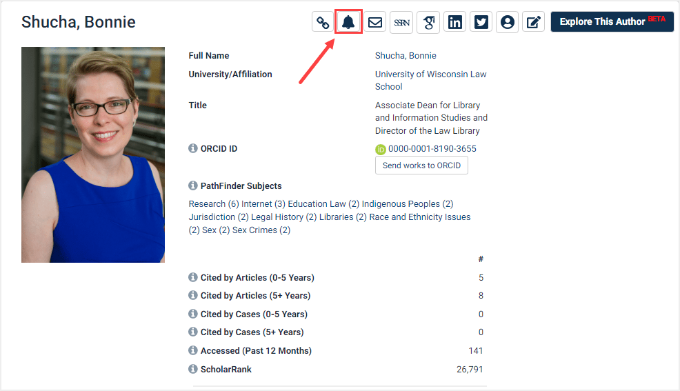 screenshot of author profile page highlighting alerts option