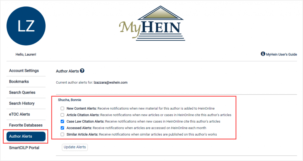 screenshot of MyHein account featuring Author Alerts section