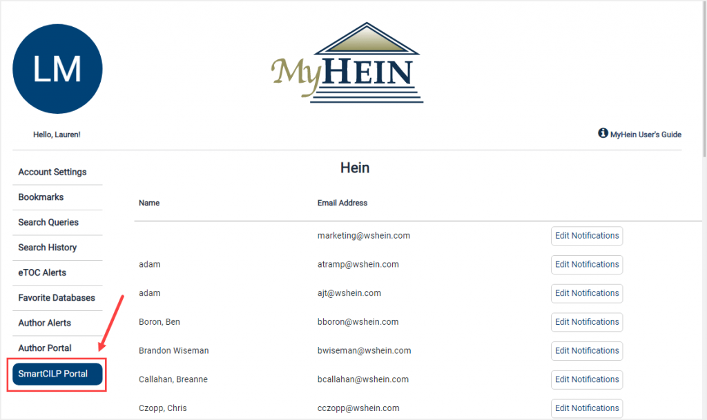 screenshot of MyHein account highlighting SmartCILP Portal