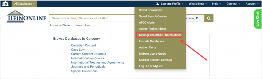 screenshot of HeinOnline Welcome Page highlighting Manage SmartCILP Notifications option under MyHein drop-down menu