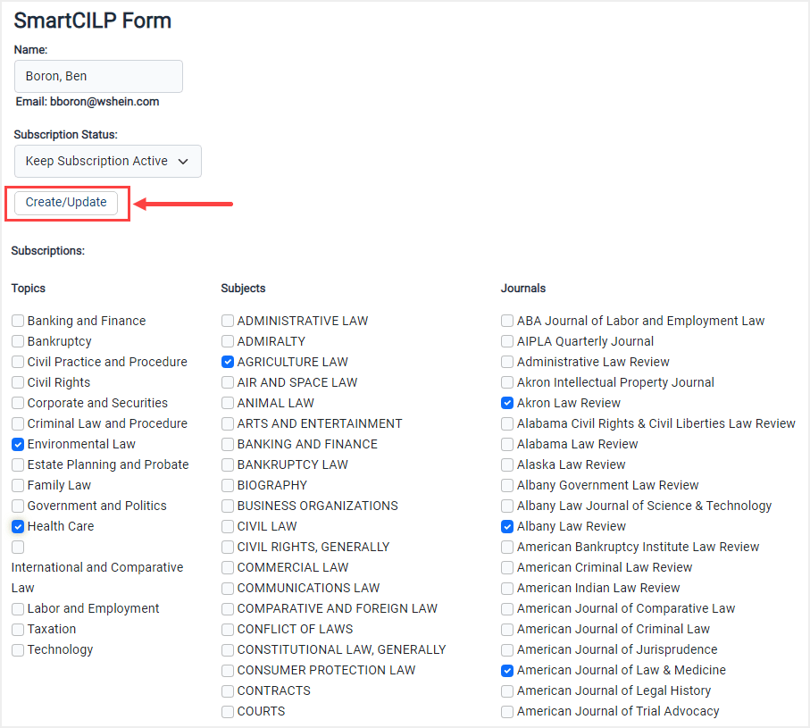 screenshot of SmartCILP form highlighting Create/Update option