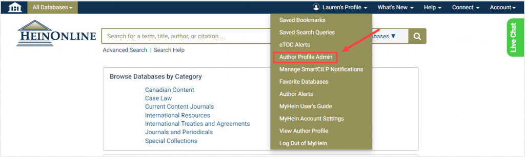 screenshot of Author Profile Admin option in MyHein drop-down menu