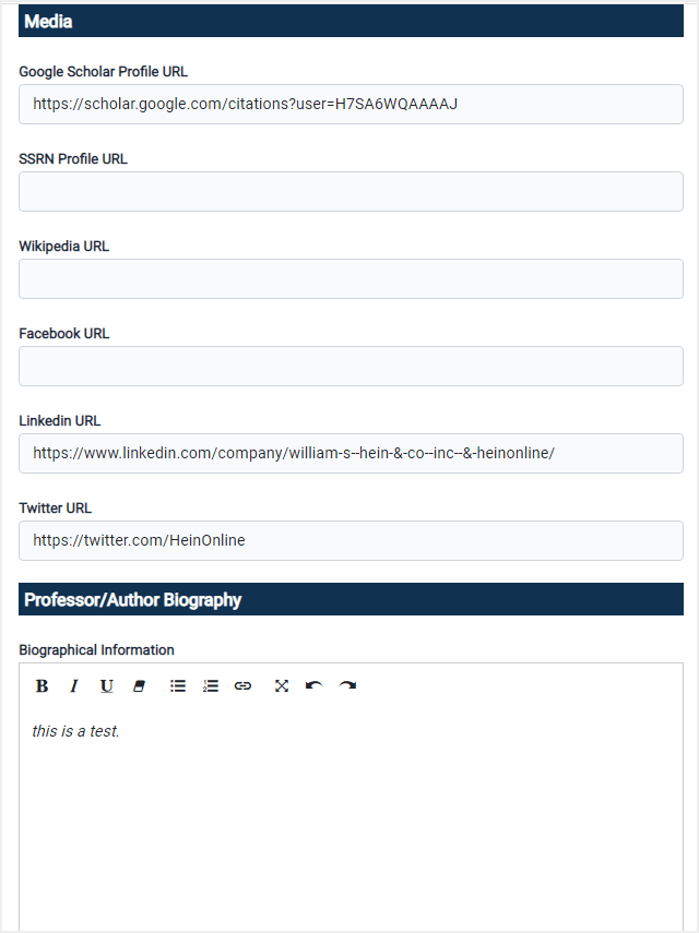 screenshot of available fields within Author Profile edit page