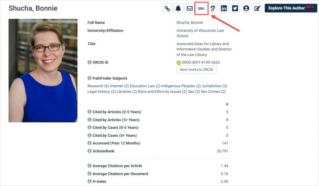 screenshot of Author Profile page highlighting SSRN link