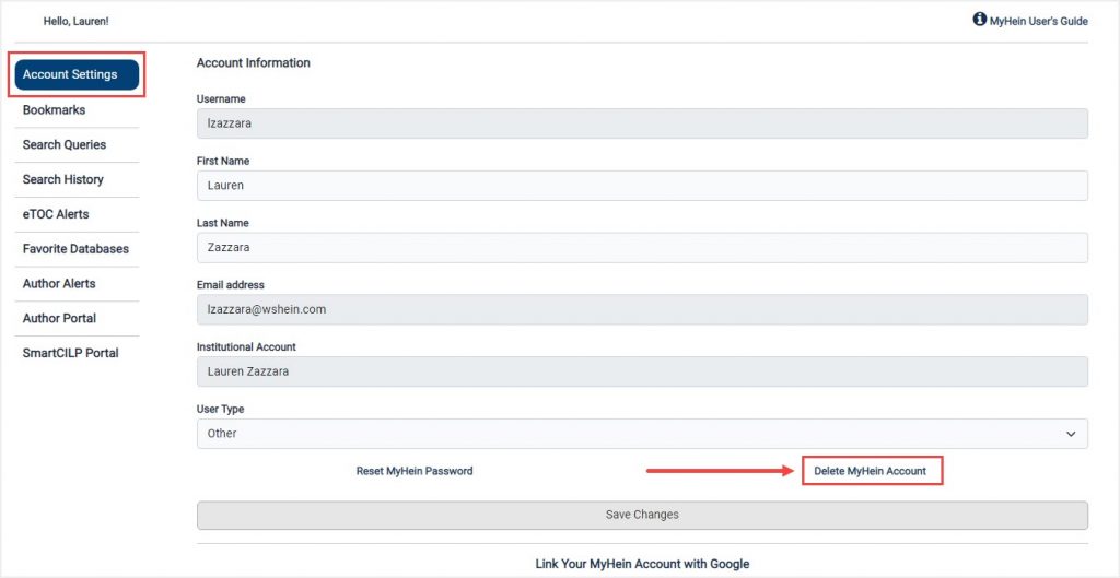 screenshot of Account Settings in MyHein featuring Delete MyHein Account option
