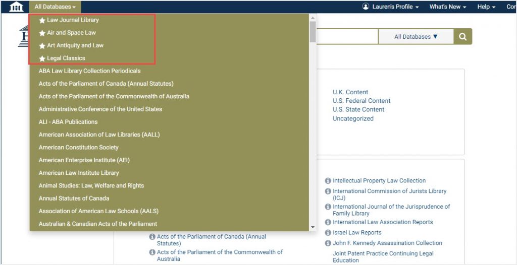 favorite databases under database drop-down menu in HeinOnline