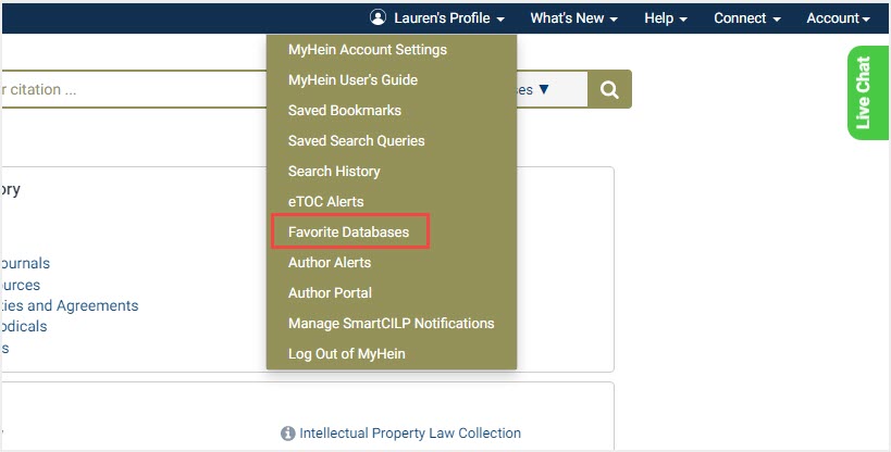 Favorite Databases option in MyHein drop-down menu